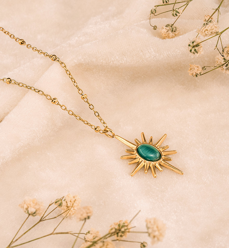 Golden Sunburst Green Stone Pendant Necklace