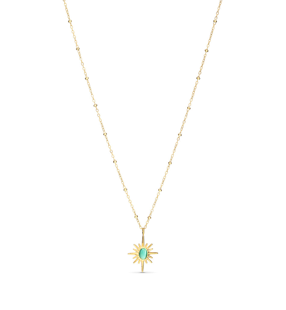Golden Sunburst Green Stone Pendant Necklace