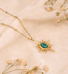 Golden Sunburst Green Stone Pendant Necklace