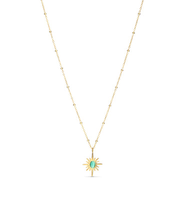 Golden Sunburst Green Stone Pendant Necklace